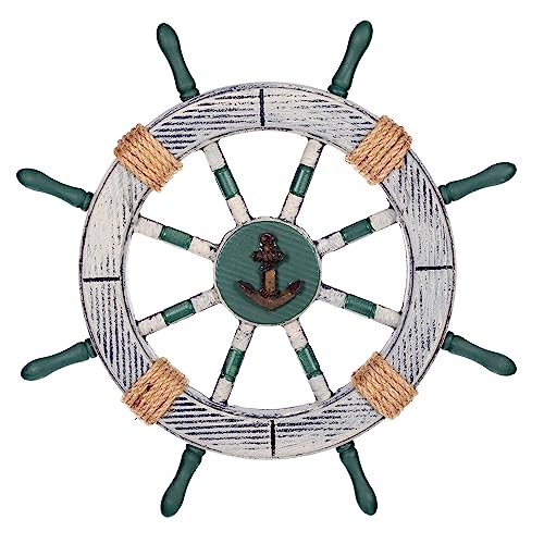 Birendy Holzdeko Steuerrad in Blau Weiß mit maritimen Keramikapplikationen Durchmesser 45cm Perfekte maritime Dekoration (6-Anker-Weiß-Gruen) von Birendy
