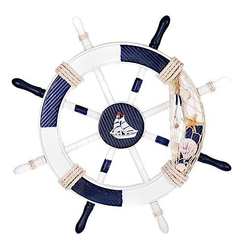 Birendy Holzdeko Steuerrad in Blau Weiß mit maritimen Keramikapplikationen Durchmesser 45cm Perfekte maritime Dekoration (8-Blau-Weiß-Segelschiff) von Birendy
