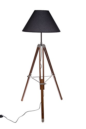 Birendy Riesige XXL Stativlampe Stehlampe im Dreibein Stativ Look Style F705 schwarzer Extra großer Schirm (52cm) großen Stoffschirm Dekorationslampe,Verstellbare Höhe, Echtholz Lampe 160cm hoch von Birendy