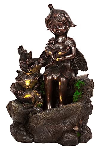 Zimmerbrunnen mit LED Leuchten, 57cm hoch Springbrunnen für Innen und Außen in verschiedenen Designs, Frosch, Elfe, Kinder, Krüge (Brunnen 14 Elfe) von Birendy