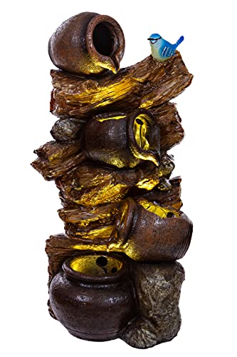 Zimmerbrunnen mit LED Leuchten, 76cm hoch Springbrunnen für Innen und Außen in verschiedenen Designs, Frosch, Elfe, Kinder, Krüge (Brunnen 20 Vogel) von Birendy