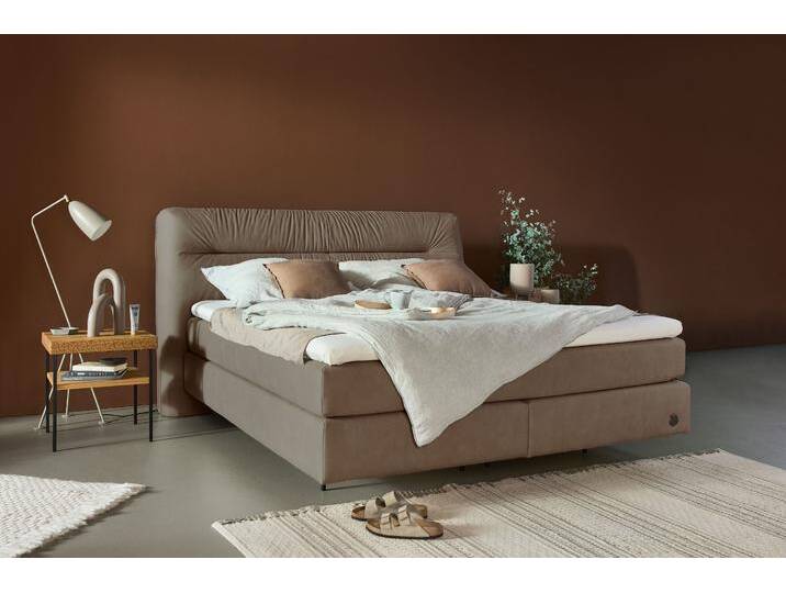 Boxspringbett BIRKENSTOCK Calan , grau (beigegrau hbu 179), B:227cm L:231cm, Luxusmicrofaser HBU (100% Polyester), Scheuertouren 80000, Komplettbetten, Boxspringbett, Kopfteil mit Kreuzstichziernaht, in unterschiedlichen Ausführungen von Birkenstock