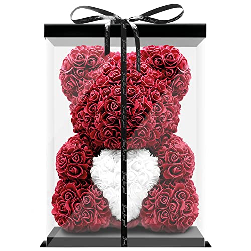 Birkental Rosen Bär - extra großer 40-45cm handgemachter Rosenbär mit Herz und Geschenkbox - Blumenbär als Geburtstagsgeschenk für Frauen, Freundin, Geburtstag, Rose Bear Teddybär (Dunkelrot) von Birkental