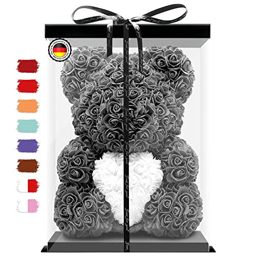 Birkental Rosen Bär - extra großer 40-45cm handgemachter Rosenbär mit Herz und Geschenkbox - Blumenbär als Geburtstagsgeschenk für Frauen, Freundin, Geburtstag, Rose Bear Teddybär (Grau) von Birkental