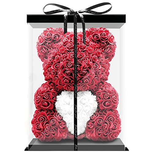 Birkental Rosen Bär - extra großer 40-45cm handgemachter Rosenbär mit Herz und Geschenkbox - Blumenbär als Geburtstagsgeschenk für Frauen, Freundin, Geburtstag, Rose Bear Teddybär (Rot) von Birkental
