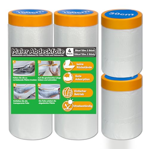 Birllaid 80m Abdeckfolie mit klebeband abklebeband mit folie 4er Set 30cm X 20m 2 Stück;150cm X 20m 2 Stück Maler Abdeckfolie abklebeband mit folie Innen u. Außen von Birllaid