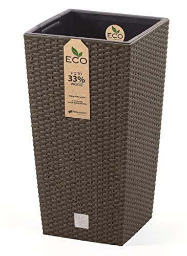 Blumenkübel Blumentopf Pflanzkübel ECO Wood Blumenkasten Quadrat Rattan Optik Höhe 55cm mit Pflanzeinsatz (Braun Rattan) von BirnePower