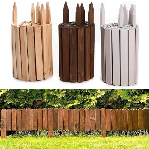 Rollborder Rasenkante Holzzaun Länge 200cm Beeteinfassung Palisade Beetumrandung Gartenzaun Kiefernholz Umzäunung Steck Zaun Höhe - (30 cm, Braun) von BirnePower