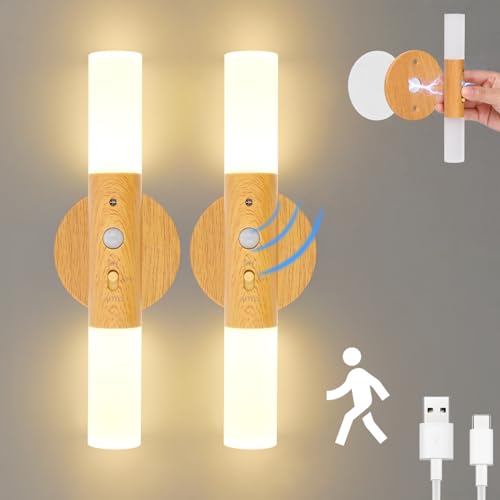 Birnetek® Led Wandleuchte Innen 2 Stück, Nachtlicht mit Bewegungsmelder, USB Aufladbare Holz Wandleuchte Ohne Stromanschluss und Bohren für Schlafzimmer Flur Treppenhaus Nachttisch von Birnetek