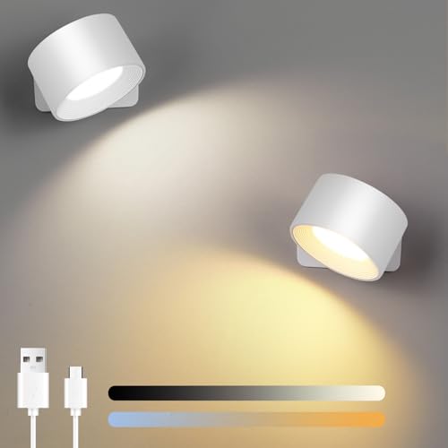 Birnetek® Wandleuchte Innen 2 Stück, Wandlampe Ohne Stromanschluss und Bohren, Dimmbar Wandleuchten mit Akku, 360° Drehbarer Touch Control für Schlafzimmer Treppen Badezimmer Wohnzimmer (Weiß) von Birnetek