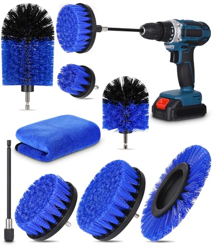 Birshe Cleaning Drill Brush Set 8 Stück,Bohrer Bürsten Bürstenaufsatz Bohrmaschine Bürstenset für Akkuschrauber,Leistungsstarke Reinigungsbürste Bohrmaschine für Felgen,Auto,Fliesen,Küche,Bad,Blau von Birshe