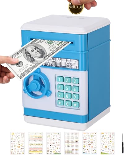 Birshe Elektronische Spardose Safe,Spardose mit Passwort Spardose für Kinder Elektronische Geldbank ATM Geldmünzbanken Automatische Papiergeldrolle mit Niedliche Aufkleber Geburtstagsgeschenk hellblau von Birshe