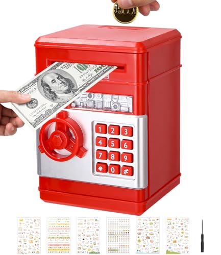 Birshe Elektronische Spardose Safe,Spardose mit Passwort Spardose für Kinder Elektronische Geldbank Number Bank ATM Geldmünzbanken Automatische Papiergeldrolle mit Niedliche Aufkleber Geschenk Rot von Birshe