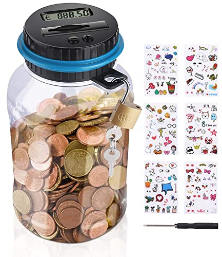 Birshe Spardose Mit Zähler,1.8L Groß Kinder Transparente Münzzähler mit LCD Anzeige Digital Coin Bank Mit Automatischem Mit Schloss und Niedlichen Aufklebern Sparbüchse Mit Zählwerk von Birshe