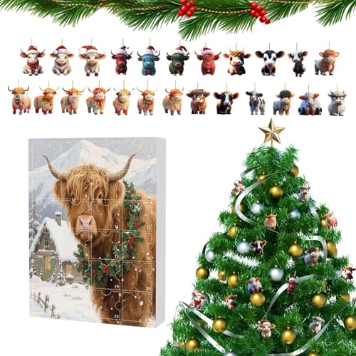 Birtern Highland Cow Adventskalender Countdown Kalender - Weihnachten 24 Tage Kuh Ornament Countdown Kalender | 2D Acryl Flach Tier Charm für Baum Party Fenster Auto Rückspiegel Tür Wand Birtern Highland Cow Adventskalender Countdown Kalender - Weihnachten 24 Tage Kuh Ornament Countdown Kalender | 2D Acryl Flach Tier Charm für Baum Party Fenster Auto Rückspiegel Tür Wand von Birtern