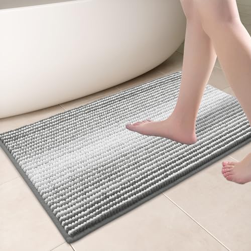 Biscpro Badematte, 50 x 80 cm Badezimmerteppich Chenille Badteppich rutschfest Waschbar Saugfähig, Weicher Teppich für Badezimmer, Maschinenwaschbar (Grau) von Biscpro