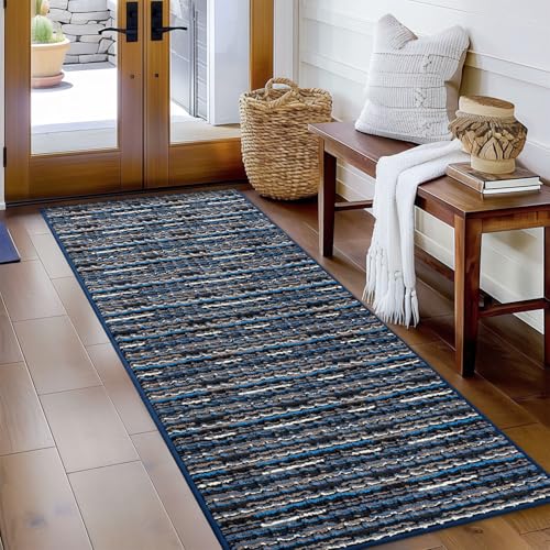 Biscpro Fußmatte 60x180cm Boho Teppich Schmutzfangmatte Innen Waschbar Rutschfester Fussmatte Eingangsmatte Carpet für Eingangsbereich,Haustür,Patio,Flur,Garten,Porch-Blau von Biscpro
