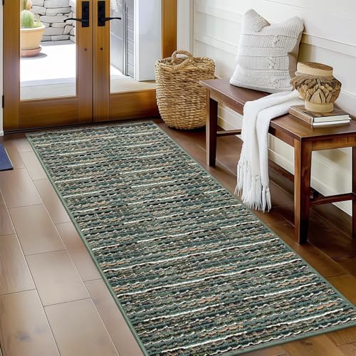 Biscpro Fußmatte 60x180cm Boho Teppich Schmutzfangmatte Innen Waschbar Rutschfester Fussmatte Eingangsmatte Carpet für Eingangsbereich,Haustür,Patio,Flur,Garten,Porch-Grün von Biscpro
