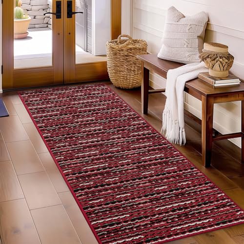 Biscpro Fußmatte 60x180cm Boho Teppich Schmutzfangmatte Innen Waschbar Rutschfester Fussmatte Eingangsmatte Carpet für Eingangsbereich,Haustür,Patio,Flur,Garten,Porch-Rot von Biscpro