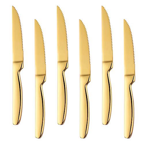 BISDARUN Steakmesser Set mit scharfem Wellenschliff Edelstahl 6-teilig Tafelmesser Gold Fleischmesser Steak Knives Set Länge 22 CM/8,66 Inch von BISDARUN