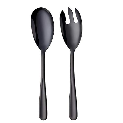 BISDARUN Salatlöffel und Gabel Set, Edelstahl, Salatbesteck, 2er-Set, schwarzer großer Servierlöffel und Gabel, 30,5 cm Länge von BISDARUN