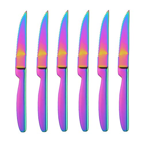 BISDARUN Steakmesser Set mit scharfem Wellenschliff Edelstahl 6-teilig Tafelmesser Regenbogen Fleischmesser Steak Knives Set Länge 22 CM/8,66 Inch von BISDARUN