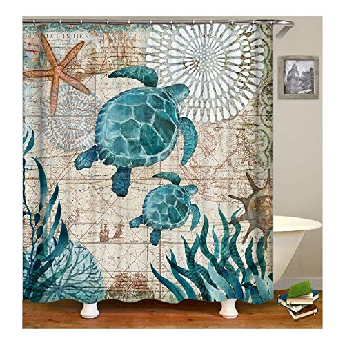 Bishilin 3D Duschvorhang Anti-Schimmel Schildkröte Seestern Vintage Duschvorhang 90X180 von Bishilin