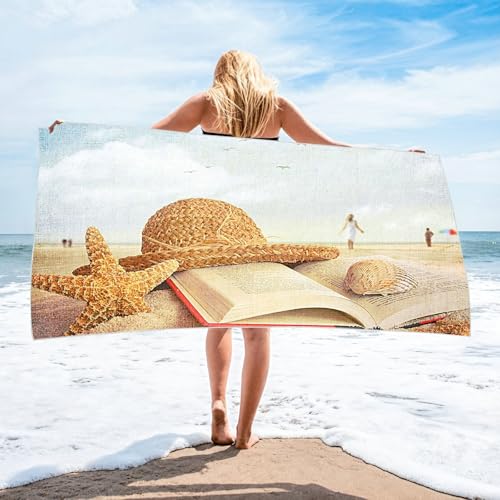Bishilin Dünne Strandtücher Microfaser, Strandtuch Sandfrei 180x100CM Bedruckt Strohhut Muscheln und Buch Sporthandtuch Badetücher Strandtücher Schnelltrocknend von Bishilin
