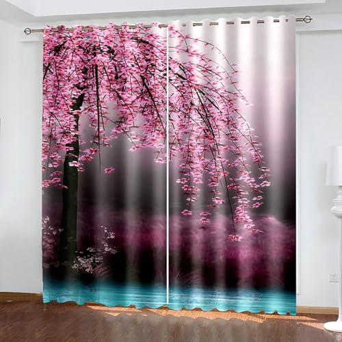 Bishilin Gardinen Blickdicht mit Ösen 2er Set, Vorhänge Verdunklung 214x274CM mit Motiv See und Kirschblütenbaum Verdunklungsvorhänge Kinderzimmer Jugendzimmer von Bishilin