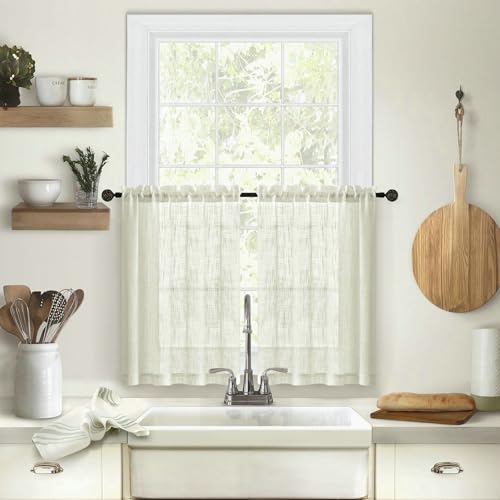 Bishilin Gardinen Kurz Fenster, Beige Vorhänge Halbtransparent Leinenoptik Einfarbig Küchengardinen Scheibengardine Bistrogardine Modern 2er Set 63.5x78CM von Bishilin