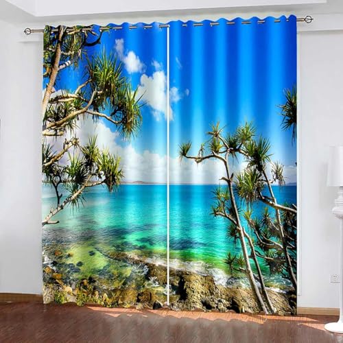 Bishilin Gardinen mit Ösen Verdunkelnd 132x214CM, Verdunklungsvorhänge mit Motiv Landschaft Meer Vorhänge Blickdicht 2er Set Wohnzimmer Schlafzimmer von Bishilin
