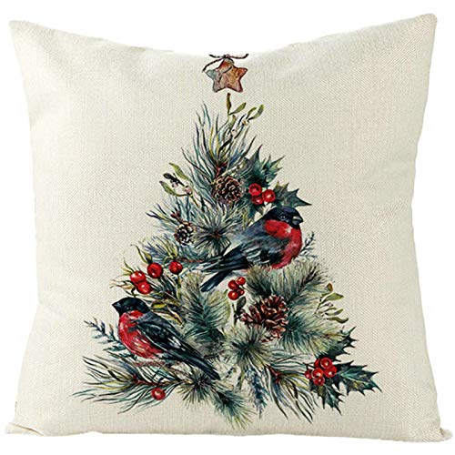 Bishilin Kissenhülle 50x50, Kissenbezug Leinen Weihnachtsbaum mit Stern und Vögel Kissenbezüge Modern für Sofa Wohnzimmer von Bishilin