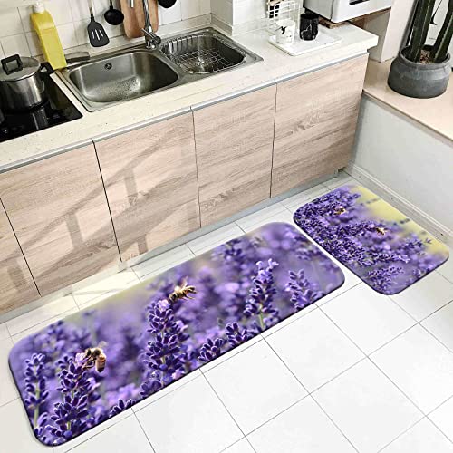 Bishilin Küchenläufer Set Waschbar rutschfest, Teppich Läufer Schlafzimmer Wohnzimmer Lavendel und Biene Muster Küchenmatte Küchenteppich 60x90CM+60x180CM von Bishilin