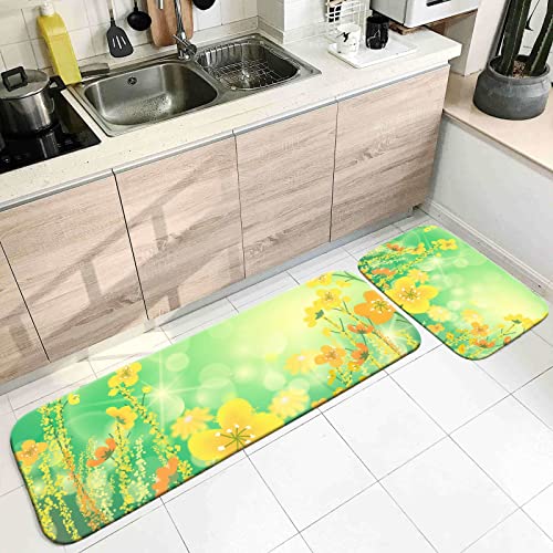 Bishilin Küchenteppiche Küchenläufer 2er Set, Läufer Flur rutschfest Gelbe Blumen Muster Teppiche 50x80CM+50x160CM für Wohnzimmer Schlafzimmer Küche von Bishilin