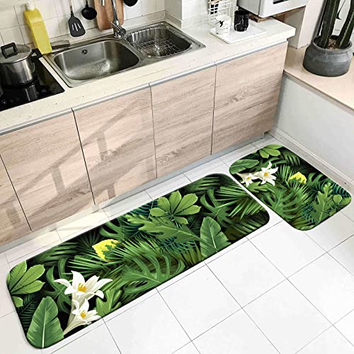 Bishilin Küchenteppiche Küchenläufer 2er Set, Läufer Flur rutschfest Grüne Blätter und Weiße Blüten Muster Teppiche 50x80CM+50x160CM für Wohnzimmer Schlafzimmer Küche von Bishilin