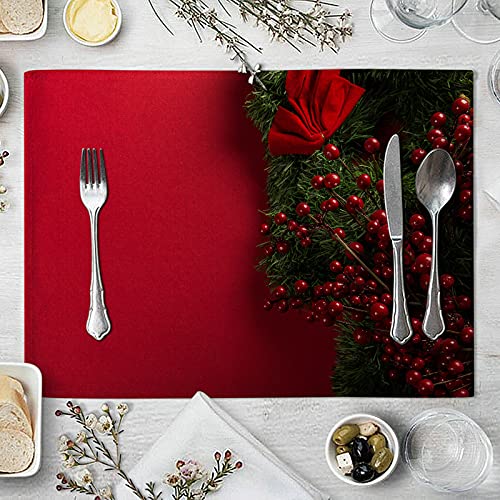 Bishilin Platzset Weihnachten, Platzdeckchen Abwaschbar Leinen Weihnachtsdekoration Zweige Rot Grün Platzsets mit Motiv 8er Set für Esstisch Holztisch Glastisch, 32x42CM von Bishilin