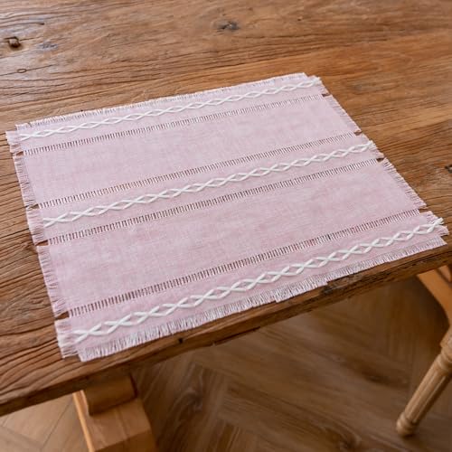 Bishilin Platzsets Waschbar Stoff 4er Set, Tischsets Rechteckig 45x38CM Gewebt mit Gestreift Platzdeckchen Abwaschbar Set Rosa für Hochzeit Wohnzimmer von Bishilin