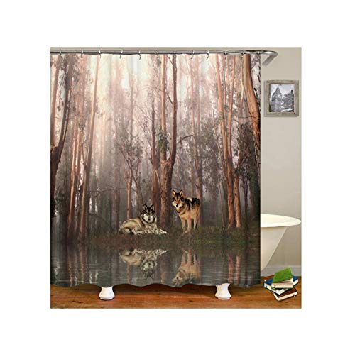 Bishilin Polyester-Stoff Badezimmer Duschvorhang 180x200 Wölfe im Wald Duschvorhang Antischimmel von Bishilin