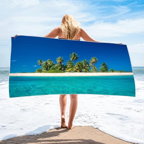 Bishilin Strandtuch Mikrofaser 180x90CM, Badetücher Strandtücher Schnelltrocknend mit Motiv Meer Insel und Kokospalmen Liegetuch Strandtuch Sandfrei Leicht von Bishilin