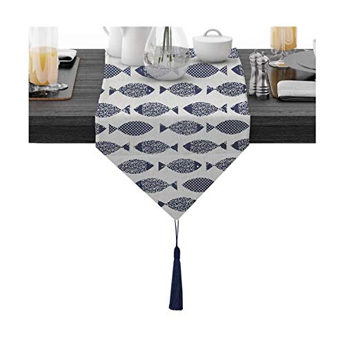 Bishilin Tischläufer Baumwolle, Tischläufer 30x200CM Hochzeit Abwaschbar Fische Muster mit Quaste Tischdekoration Tischdecke Outdoor von Bishilin