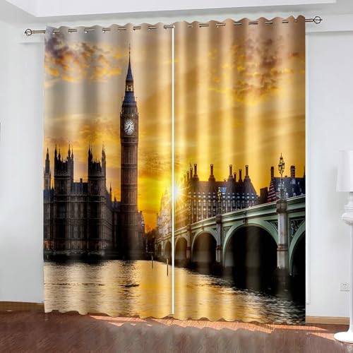 Bishilin Verdunklungsvorhänge Ösen 137x183CM, Gardinen Blickdicht 2er Set Landschaft Sonnenuntergang Tower Brücke und Fluss Vorhänge Verdunkelnd Jugendzimmer Kinderzimmer von Bishilin