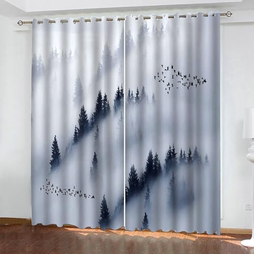 Bishilin Verdunklungsvorhänge mit Ösen, Gardinen Blickdicht 2er Set 214x160CM Nebeliger Wald und Vögel Natur Vorhänge Verdunkelnd Schlafzimmer Kinderzimmer Jugendzimmer von Bishilin