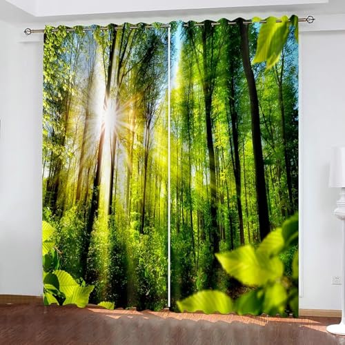 Bishilin Verdunklungsvorhänge mit Ösen 96x214CM, Gardinen Blickdicht 2er Set mit Motiv Natur Sonne und Wald Vorhänge Verdunkelnd Kinderzimmer Schlafzimmer von Bishilin