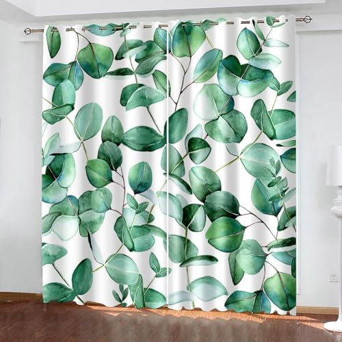 Bishilin Vorhänge Blickdicht 2er Set 137x274CM, Verdunkelungsvorhänge mit Ösen Grün Zweige Blätter Muster Gardinen Kinderzimmer Jugendzimmer von Bishilin