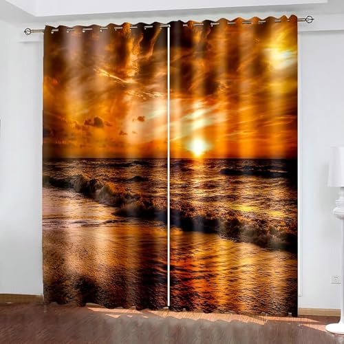 Bishilin Vorhänge Blickdicht mit Ösen 2er Set 132x229CM, Gardinen Wohnzimmer mit Design Landschaft Sonnenuntergang am Meer Motiv Verdunklungsvorhänge Jugendzimmer Kinderzimmer von Bishilin