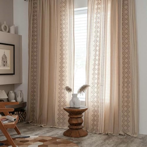 Bishilin Vorhänge Lichtdurchlässig mit Ösen, Gardinen Baumwolle 2er Set 140x160CM Stickerei mit Geometrie Motiv Vorhänge Halbtransparent Küche Wohnzimmer von Bishilin