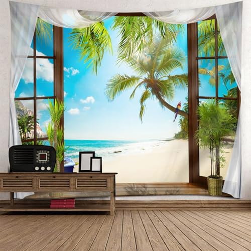 Bishilin Wandbehang Tuch Fensterblick, Wandteppich 300x256CM Kokospalmen Strand Wall Hanging Tapisserie Wandbehang fur Kinderzimmer Wohnzimmer von Bishilin