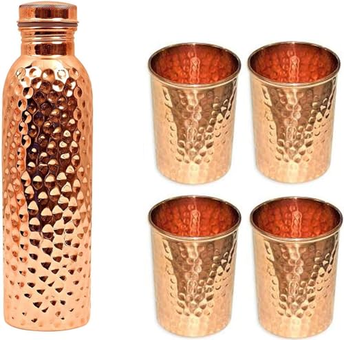 BishtHub Kupfer 1000ML Wasserflasche mit 4 Kupferglas je 250ml, Kupfer Utesnsils für Wate Aufbewahrung, Küchenartikel, Trinkgeschirr Geschenkset von BishtHub