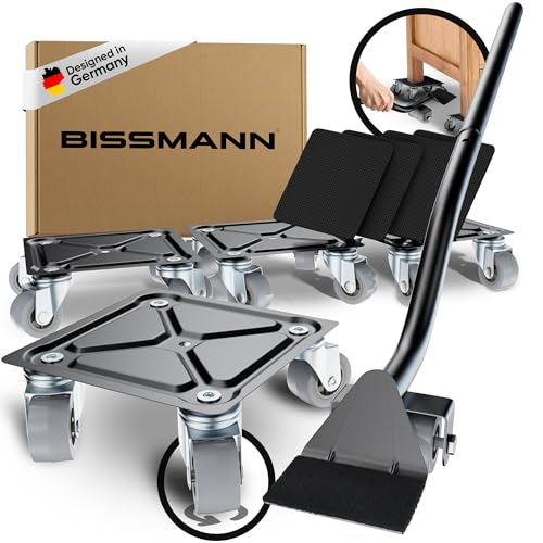 Bissmann® Möbelroller Set | Stabiler Möbelheber mit 4 Transportroller aus 100% Stahl | Schonende 1,5 Zoll PU Räder | Kinderleicht Möbel verschieben | 600kg Belastbarkeit von Bissmann