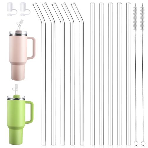 10 Stück Glasstrohhalme Lange, 31cm Stanley Cup Strohhalm (mit 2 Strohdeckel) 40oz&30oz Stanley Cup Zubehör 5 Gerade + 5 Gebogen Strohhalm, 2 Strohdeckel, 2 Reinigungsbürsten für Stanley von Bistfy